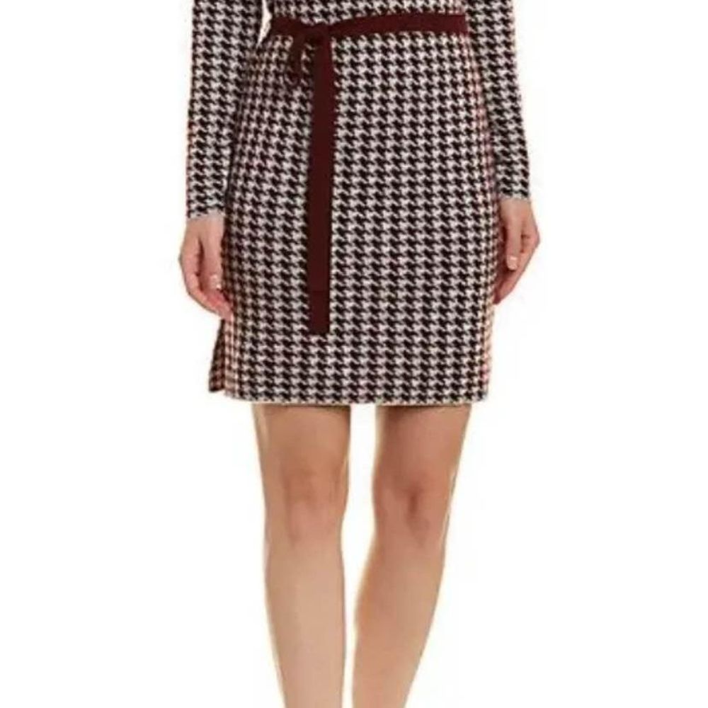 Kier +J Geena 100% Cashmere Sweater Dress Cranberry & White Houndstooth Medium